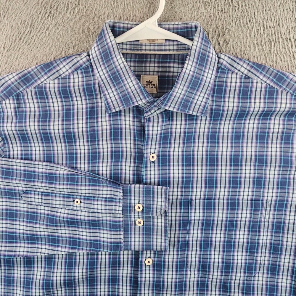 Peter Millar‎ Mens Large Blue Purple Plaid Cotton Long Sleeve Button Down Shirt